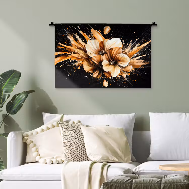 Bloemen - Goud - Graffiti - Zwart - Abstract Wandkleed katoen klein -sfeer7