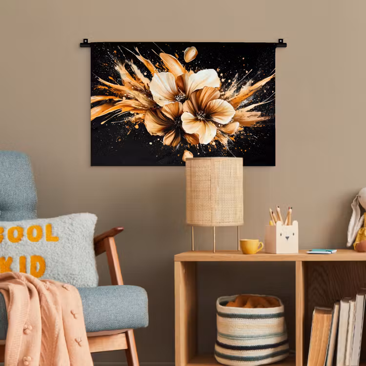 Bloemen - Goud - Graffiti - Zwart - Abstract Wandkleed katoen klein -wsfeer4_kind
