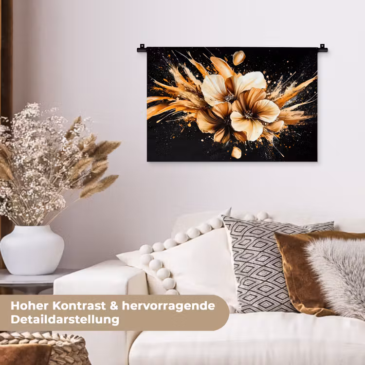Bloemen - Goud - Graffiti - Zwart - Abstract Wandkleed katoen klein -tsfeer1_DE