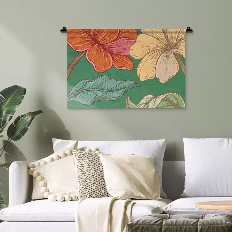 Wandteppich - Blumen – Grün – Illustration - Bloemen - Groen - Illustratie Wandkleed katoen klein