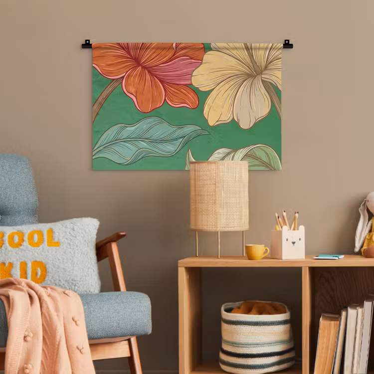 Wandteppich - Blumen – Grün – Illustration - Bloemen - Groen - Illustratie Wandkleed katoen klein