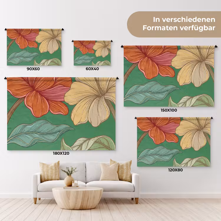 Wandteppich - Blumen – Grün – Illustration - Bloemen - Groen - Illustratie Wandkleed katoen klein