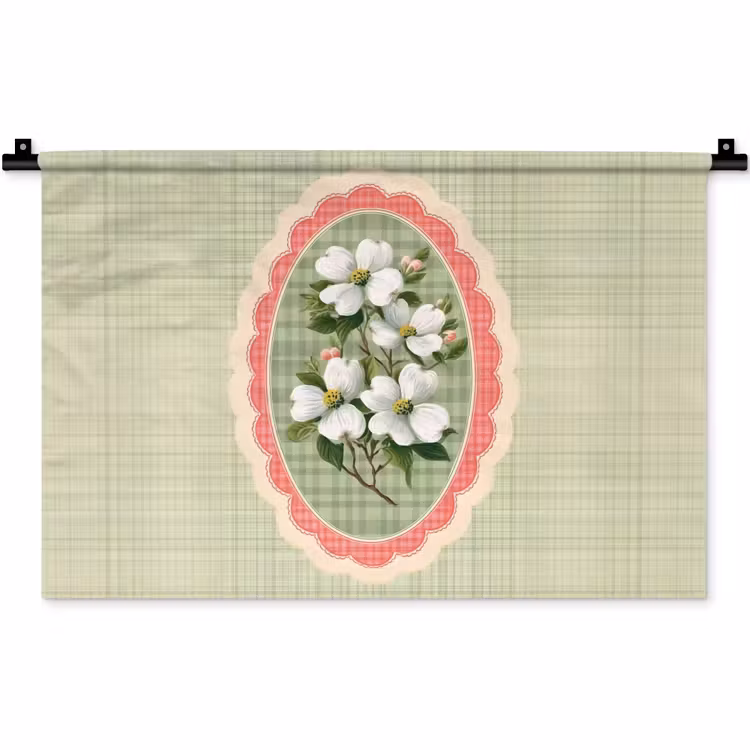 Bloemen - Illustratie - Geruit - Groen Wandkleed katoen klein -zz3d