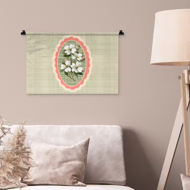 Bloemen - Illustratie - Geruit - Groen Wandkleed katoen klein -sfeer4