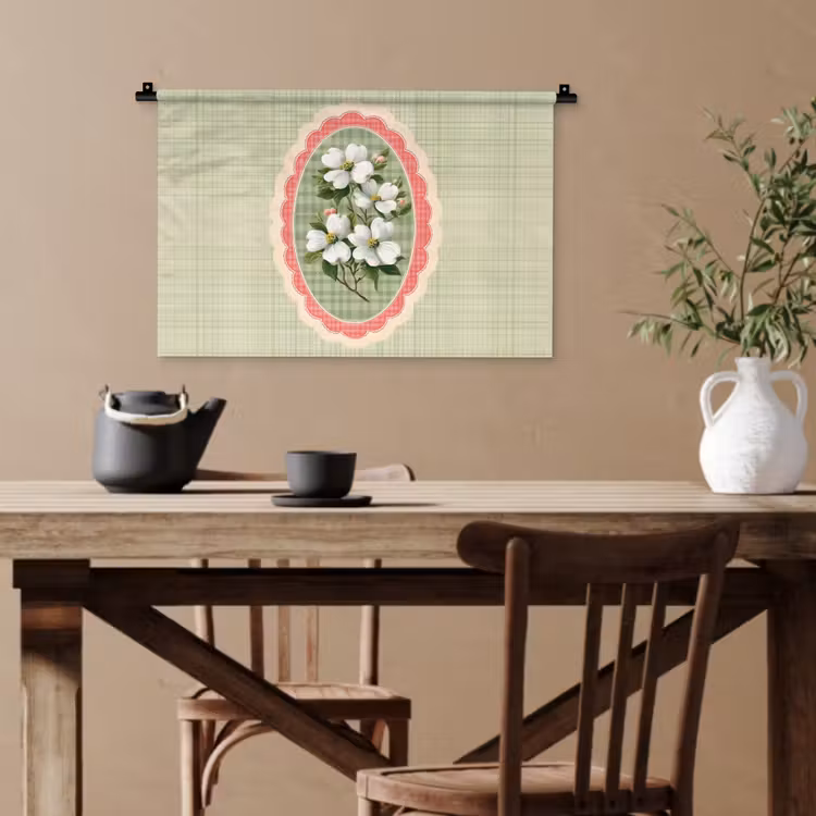 Bloemen - Illustratie - Geruit - Groen Wandkleed katoen klein -sfeer6