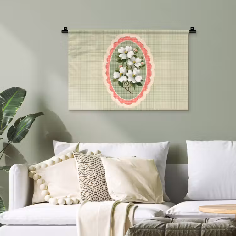 Bloemen - Illustratie - Geruit - Groen Wandkleed katoen klein -sfeer7