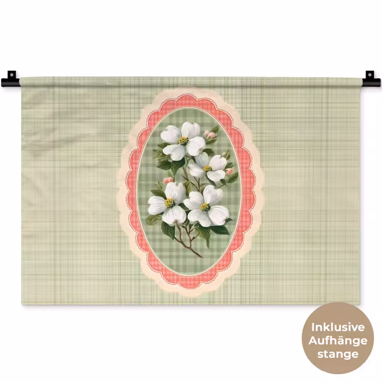 Bloemen - Illustratie - Geruit - Groen Wandkleed katoen klein -t3d_DE