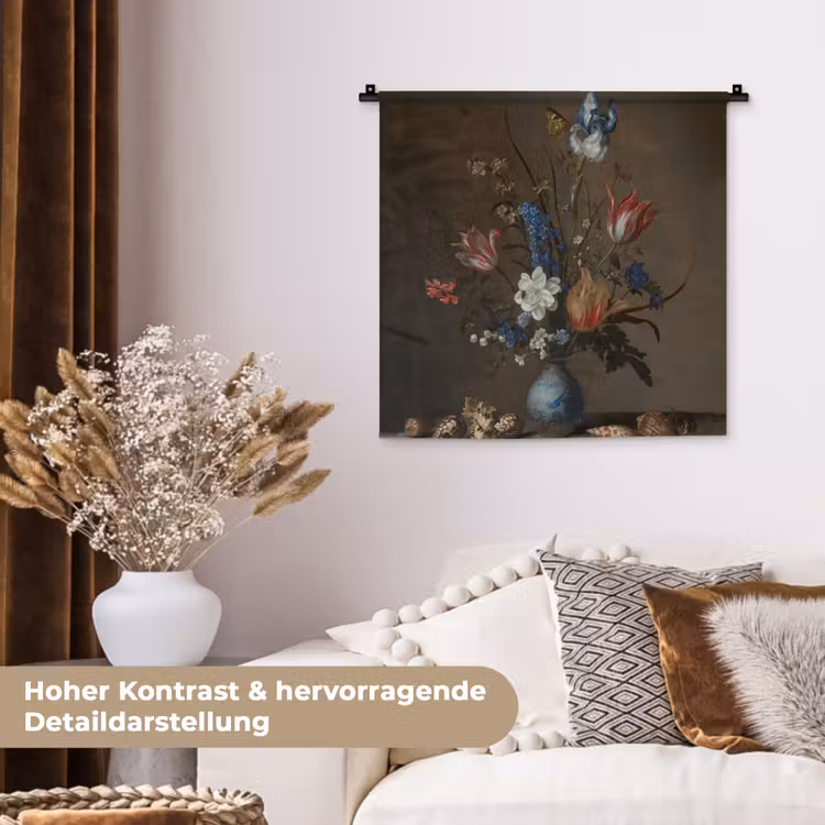 Bloemen in een Wan-Li vaas en schelpen - Schilderij van Balthasar van der Ast Wandkleed katoen klein -tsfeer1_DE