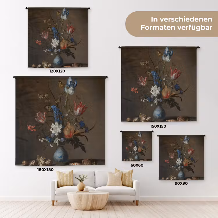 Bloemen in een Wan-Li vaas en schelpen - Schilderij van Balthasar van der Ast Wandkleed katoen klein -tsfeer8_DE