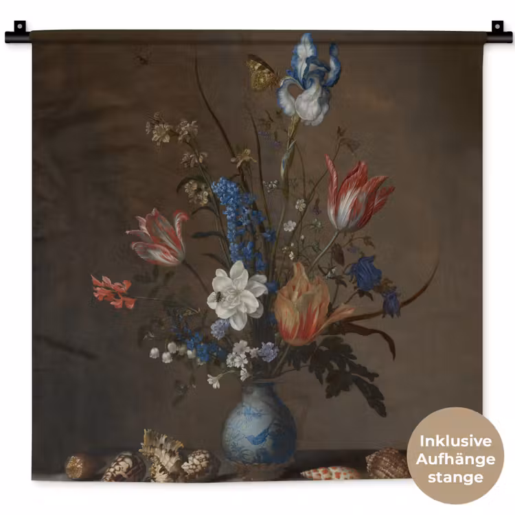 Bloemen in een Wan-Li vaas en schelpen - Schilderij van Balthasar van der Ast Wandkleed katoen klein -t3d_DE