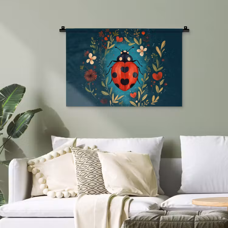 Bloemen - Lieveheersbeestje - Hartje - Rood Wandkleed katoen klein -sfeer7