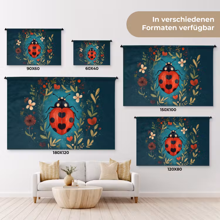 Bloemen - Lieveheersbeestje - Hartje - Rood Wandkleed katoen klein -tsfeer8_DE