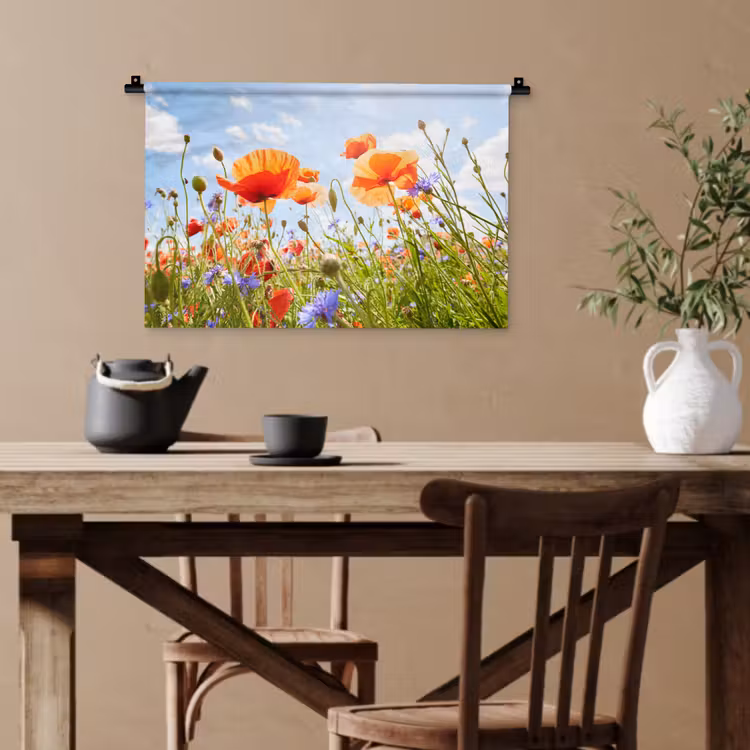 Bloemen - Klaproos - Lente - Natuur - Rood - Blauw Wandkleed katoen klein -sfeer6