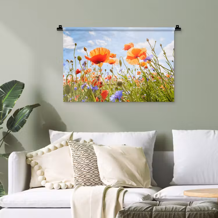 Bloemen - Klaproos - Lente - Natuur - Rood - Blauw Wandkleed katoen klein -sfeer7