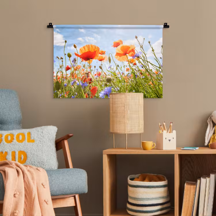 Bloemen - Klaproos - Lente - Natuur - Rood - Blauw Wandkleed katoen klein -wsfeer4_kind