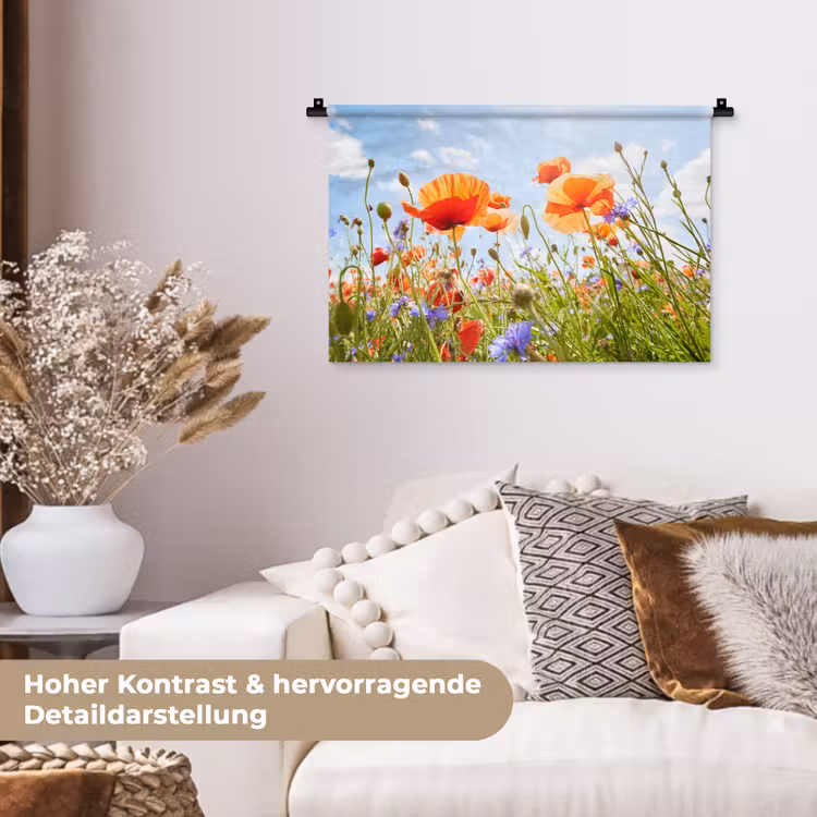 Bloemen - Klaproos - Lente - Natuur - Rood - Blauw Wandkleed katoen klein -tsfeer1_DE