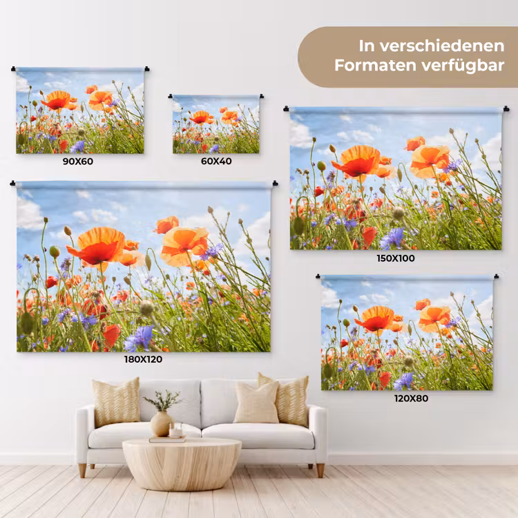 Bloemen - Klaproos - Lente - Natuur - Rood - Blauw Wandkleed katoen klein -tsfeer8_DE