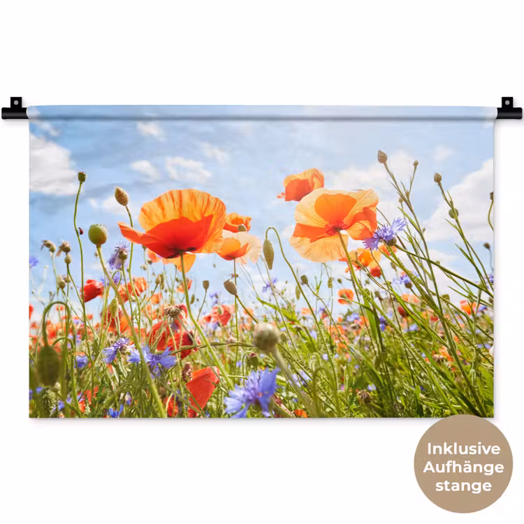 Bloemen - Klaproos - Lente - Natuur - Rood - Blauw Wandkleed katoen klein -t3d_DE