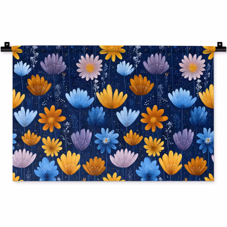 Bloemen - Patroon - Blauw - Contrast Wandkleed katoen klein -zz3d