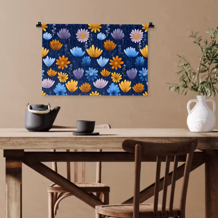 Bloemen - Patroon - Blauw - Contrast Wandkleed katoen klein -sfeer6