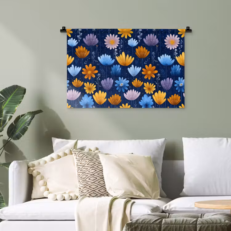 Bloemen - Patroon - Blauw - Contrast Wandkleed katoen klein -sfeer7