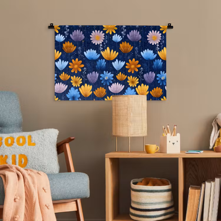 Bloemen - Patroon - Blauw - Contrast Wandkleed katoen klein -wsfeer4_kind