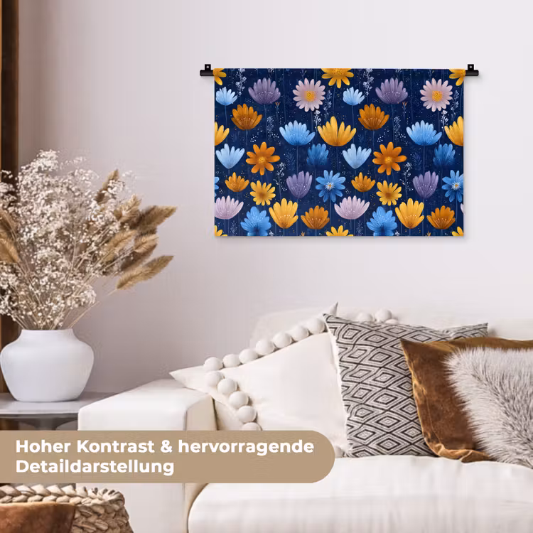 Bloemen - Patroon - Blauw - Contrast Wandkleed katoen klein -tsfeer1_DE