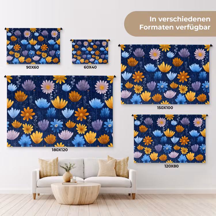Bloemen - Patroon - Blauw - Contrast Wandkleed katoen klein -tsfeer8_DE