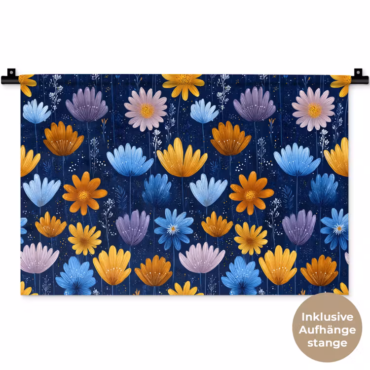 Bloemen - Patroon - Blauw - Contrast Wandkleed katoen klein -t3d_DE