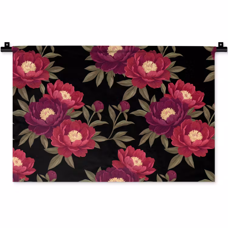 Bloemen - Patroon - Botanisch - Rood - Zwart Wandkleed katoen klein -zz3d