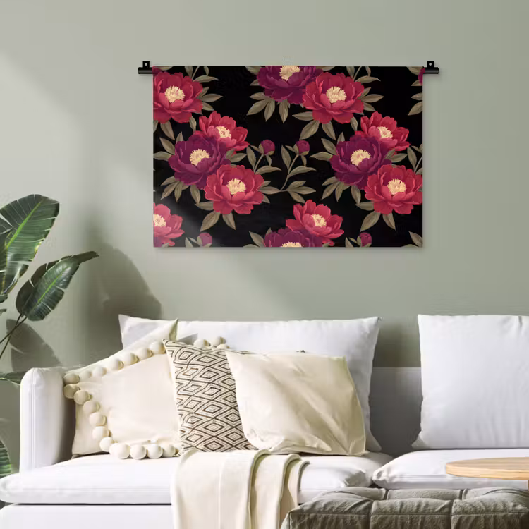 Bloemen - Patroon - Botanisch - Rood - Zwart Wandkleed katoen klein -sfeer7