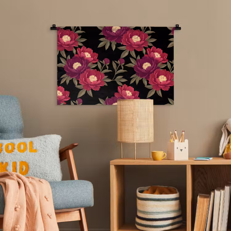 Bloemen - Patroon - Botanisch - Rood - Zwart Wandkleed katoen klein -wsfeer4_kind