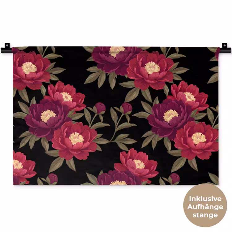 Bloemen - Patroon - Botanisch - Rood - Zwart Wandkleed katoen klein -t3d_DE