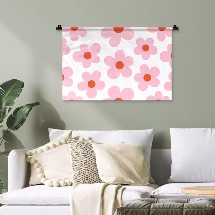 Bloemen - Patroon - Modern - Roze - Wit Wandkleed katoen klein -sfeer7