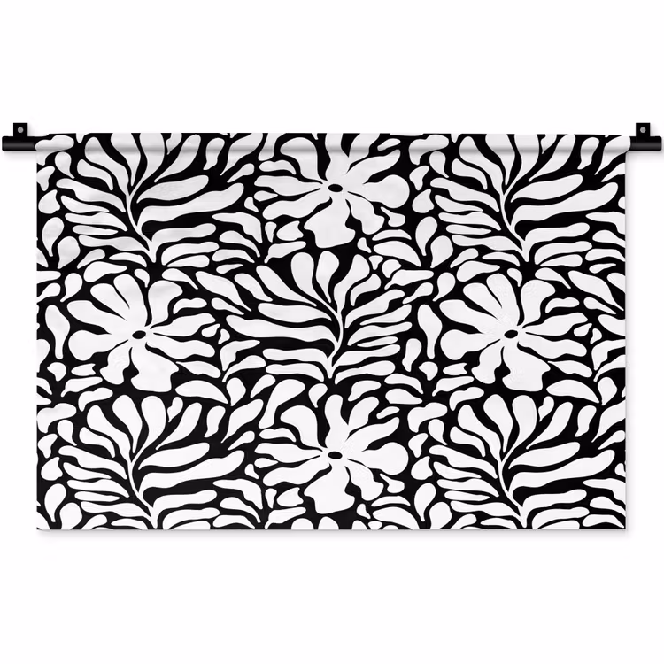 Bloemen - Patroon - Zwart - Wit Wandkleed katoen klein 269 -zz3d