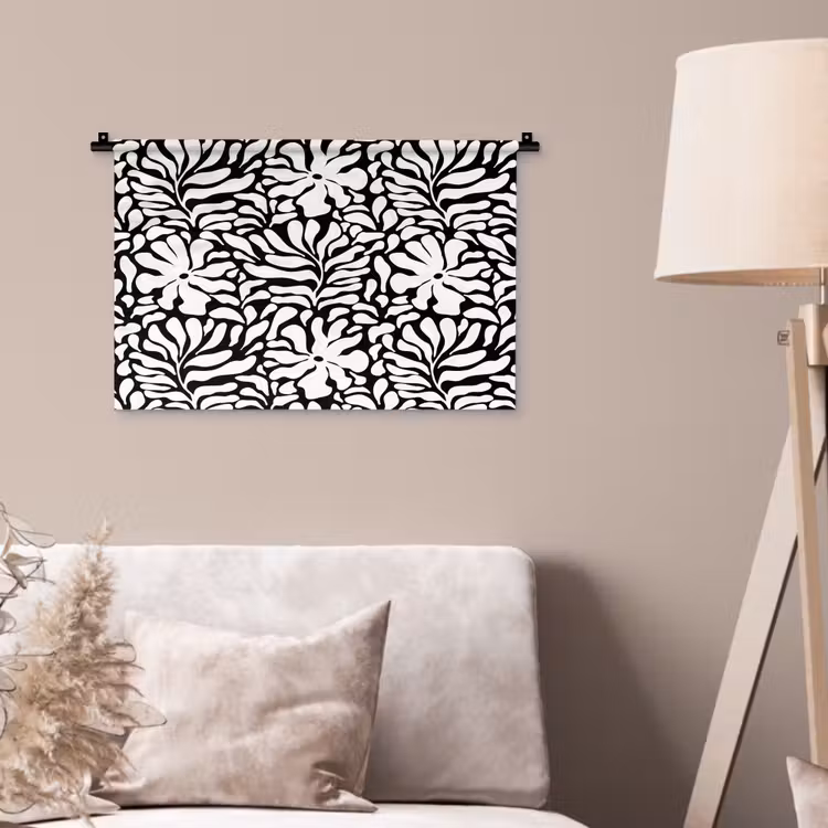 Bloemen - Patroon - Zwart - Wit Wandkleed katoen klein 269 -sfeer4