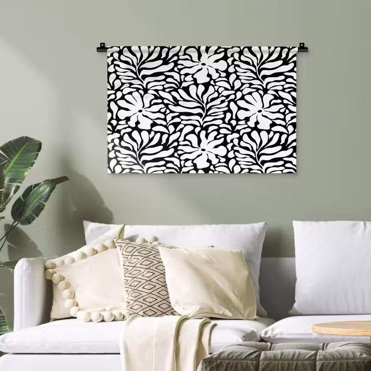 Bloemen - Patroon - Zwart - Wit Wandkleed katoen klein 269 -sfeer7
