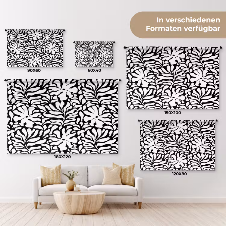 Bloemen - Patroon - Zwart - Wit Wandkleed katoen klein 269 -tsfeer8_DE
