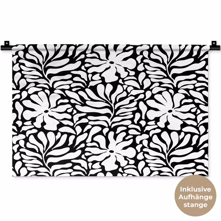 Bloemen - Patroon - Zwart - Wit Wandkleed katoen klein 269 -t3d_DE