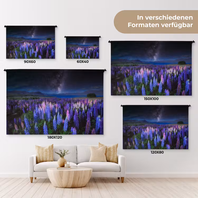 Bloemen - Nacht - Lupine - Sterrenhemel - Paars - Natuur Wandkleed katoen klein -tsfeer8_DE