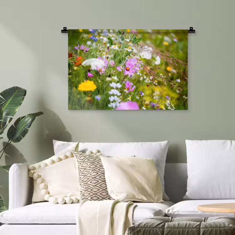 Bloemen - Natuur - Groen - Gras - Paars - Wit Wandkleed katoen klein -sfeer7