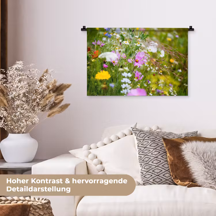Bloemen - Natuur - Groen - Gras - Paars - Wit Wandkleed katoen klein -tsfeer1_DE
