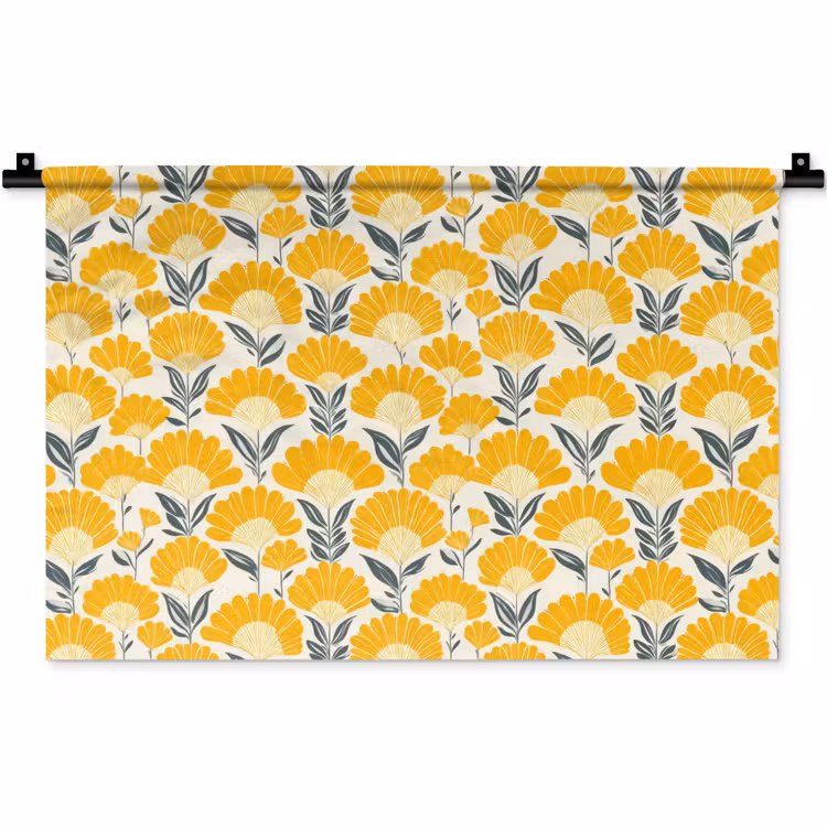Bloemen - Retro - Botanisch - Okergeel - Grijs Wandkleed katoen klein 269 -zz3d