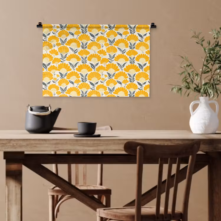 Bloemen - Retro - Botanisch - Okergeel - Grijs Wandkleed katoen klein 269 -sfeer6