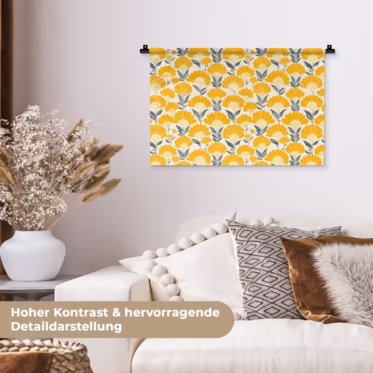 Bloemen - Retro - Botanisch - Okergeel - Grijs Wandkleed katoen klein 269 -tsfeer1_DE