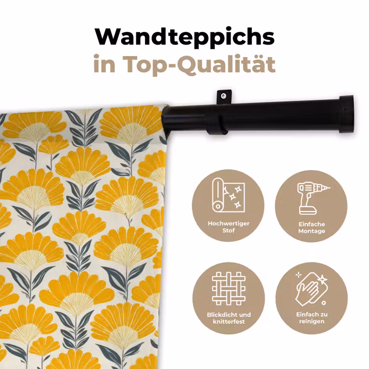 Bloemen - Retro - Botanisch - Okergeel - Grijs Wandkleed katoen klein 269 -tsfeer2_DE