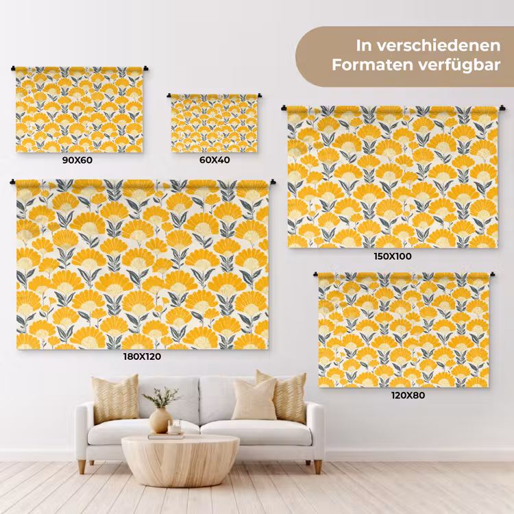 Bloemen - Retro - Botanisch - Okergeel - Grijs Wandkleed katoen klein 269 -tsfeer8_DE