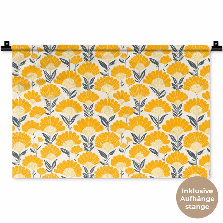Bloemen - Retro - Botanisch - Okergeel - Grijs Wandkleed katoen klein 269 -t3d_DE