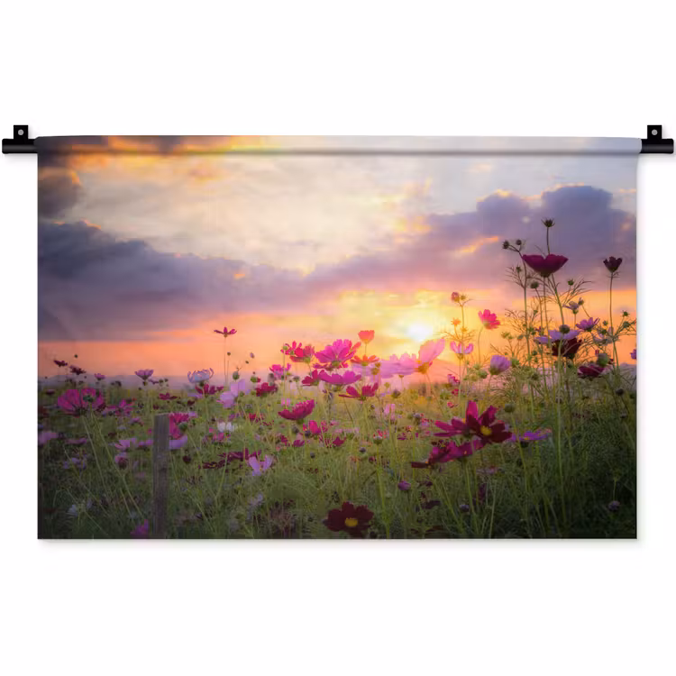 Bloemen - Roze - Zonsondergang - Natuur - Weide - Horizon Wandkleed katoen klein -zz3d