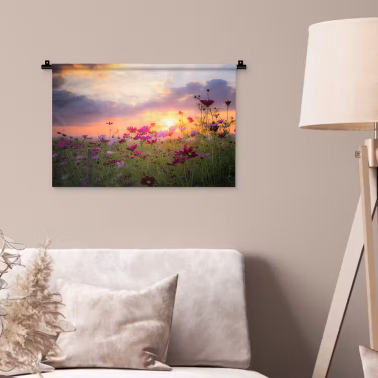 Bloemen - Roze - Zonsondergang - Natuur - Weide - Horizon Wandkleed katoen klein -sfeer4
